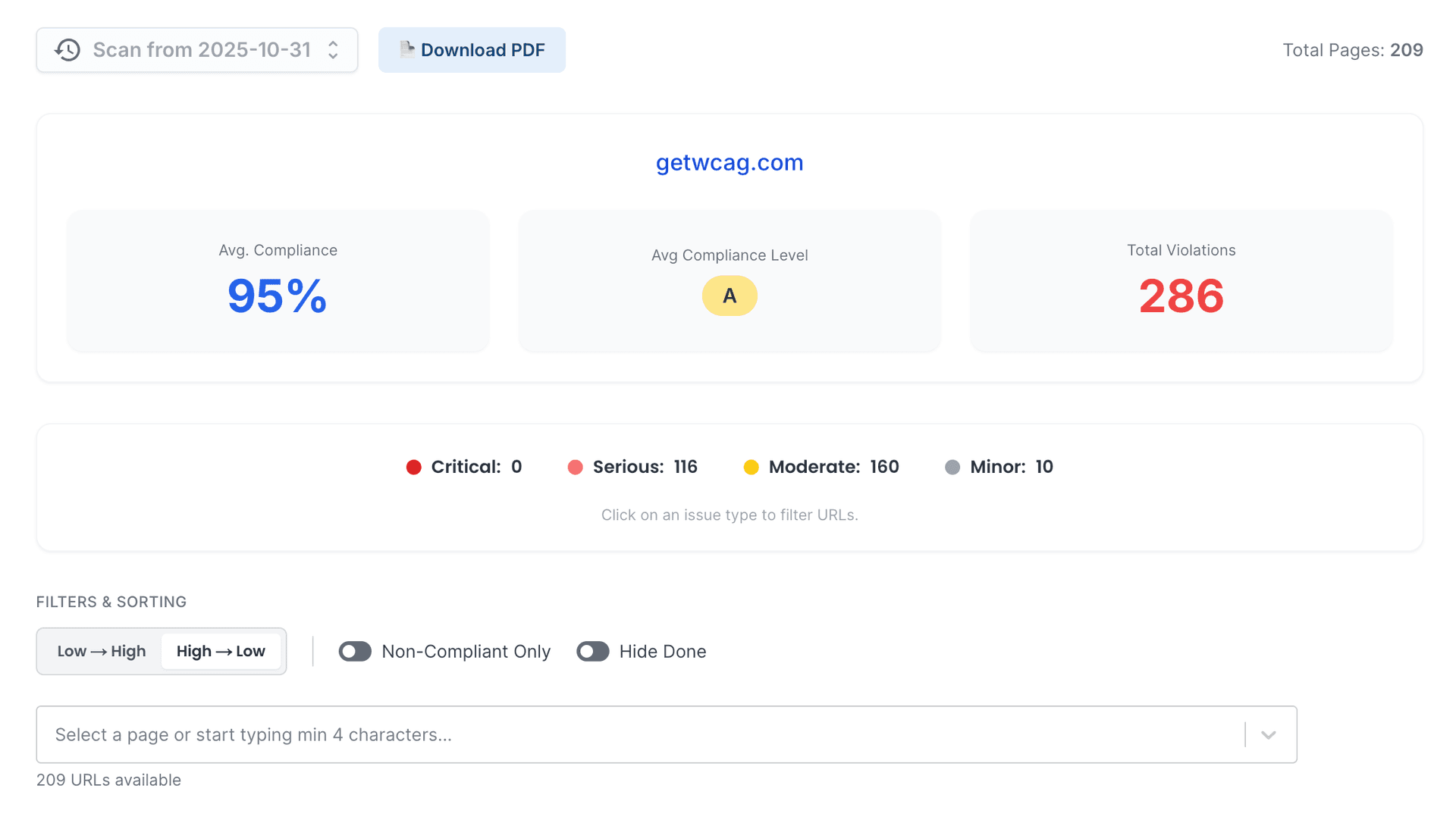 Resumen de resultados con porcentaje de conformidad y número total de violaciones