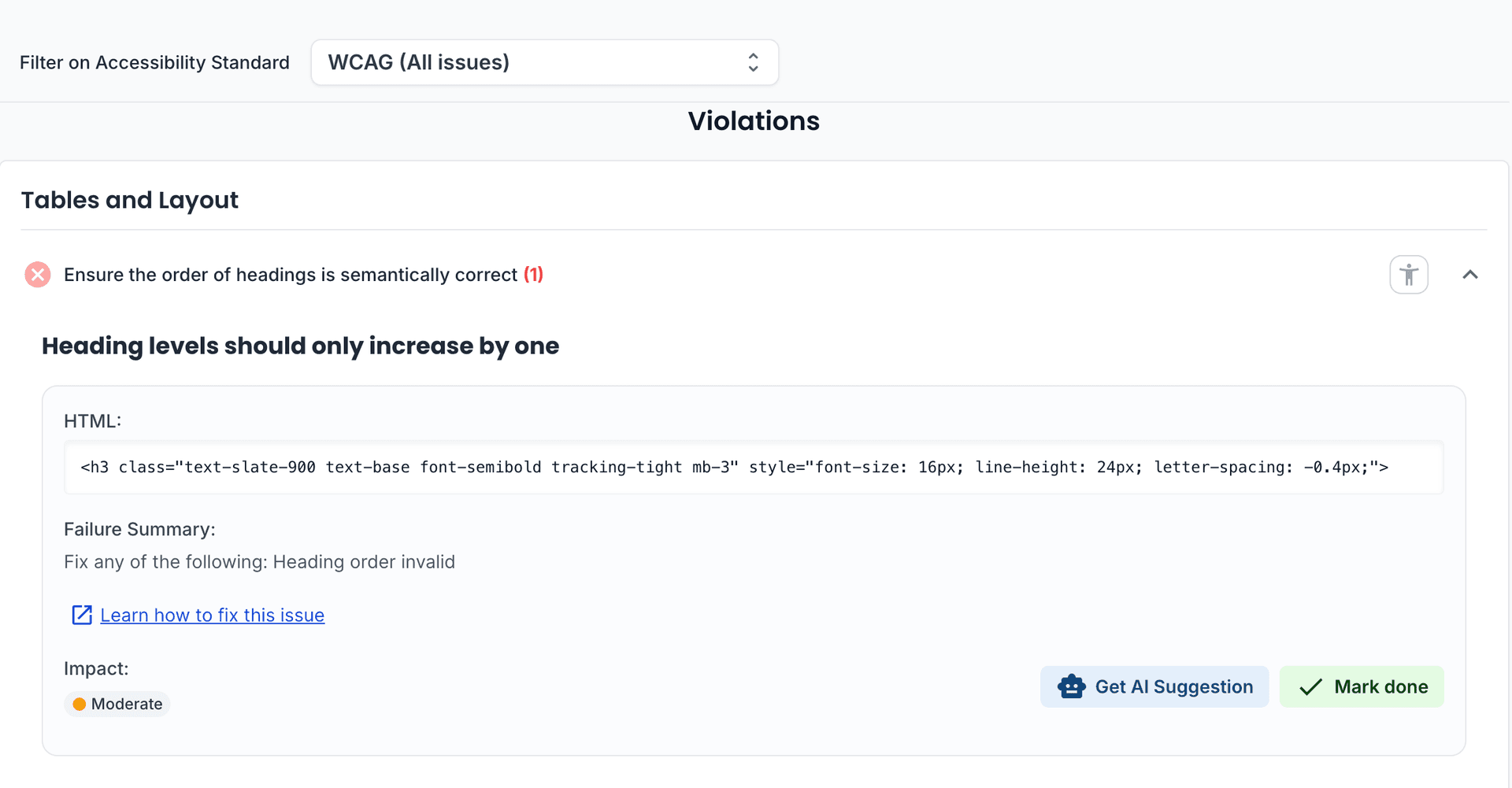 Lista de violaciones con detalles e indicadores de impacto