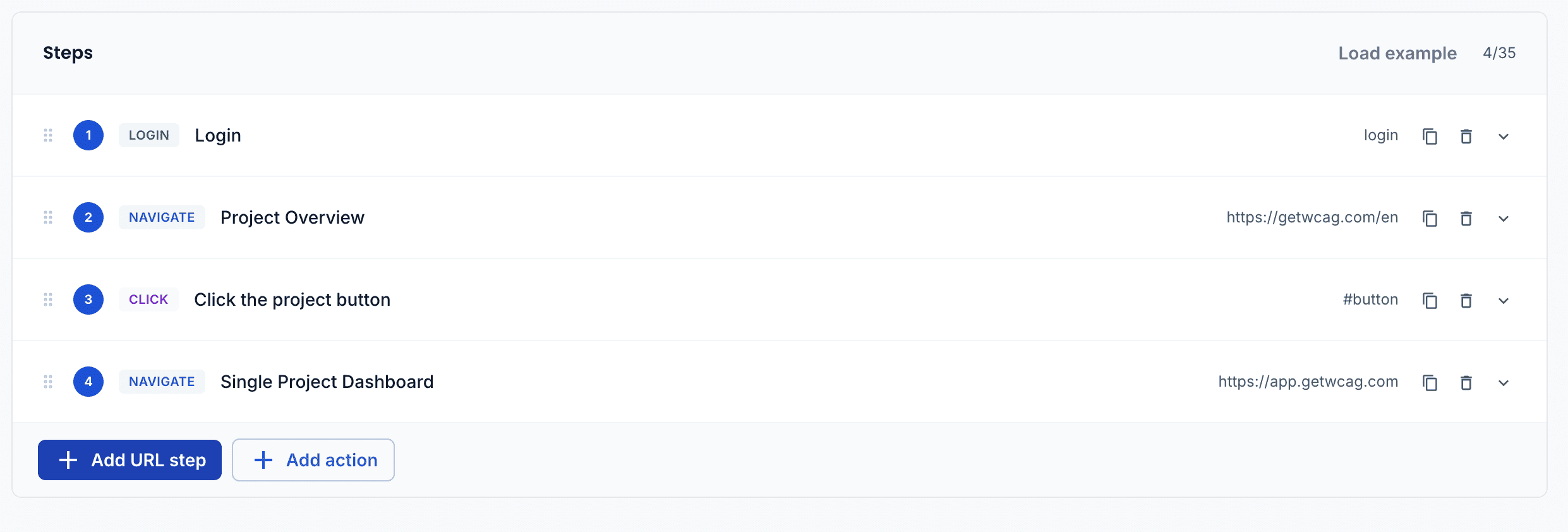 Skærmbillede af GetWCAG user journey-scanneren, der viser en autentificeret flertrins-flowscanning med trinvise tilgængelighedsresultater